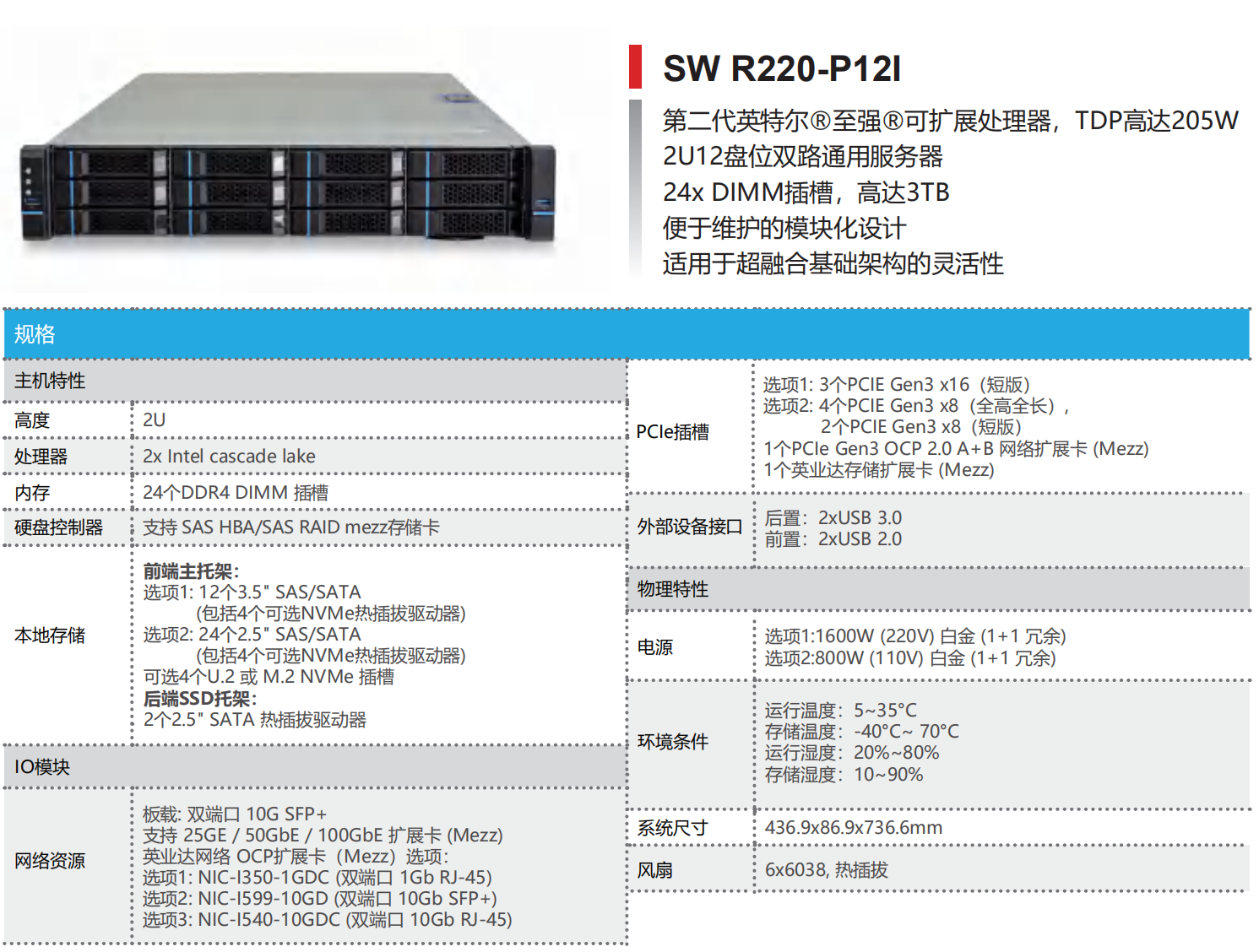 INTEL 平台双路服务器—SW R220-P12I(图1)