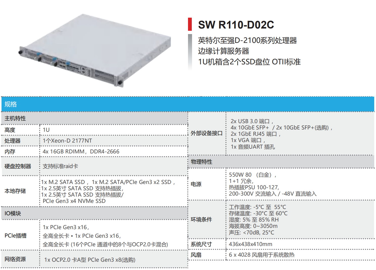 INTEL 平台边缘计算服务器—SW R110-D02C